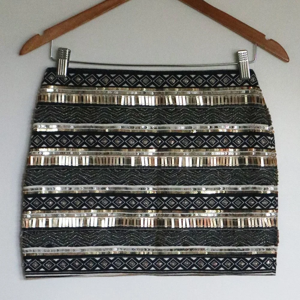 Navy, White, and Gold Sequined and Beaded Striped Mini Skirt - Picture 4 of 10